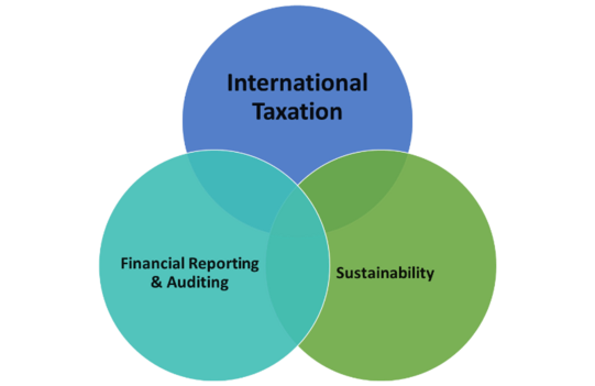 Graphic of three overlapping coloured circles labelled "International Taxation", "Financial Reporting & Auditing" and "Sustainability". They symbolise the interdependence of international taxation and sustainability as well as taxation and financial reporting & auditing.