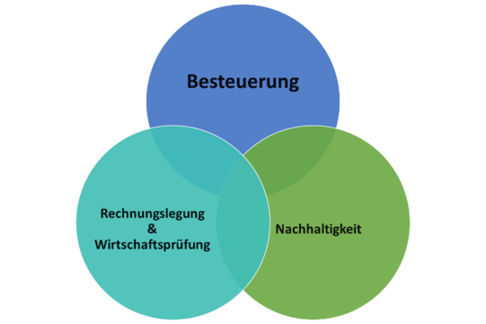 Grafik von drei sich überschneidenden farbigen Kreisen, die mit Besteuerung, Rechnungslegung & Wirtschaftsprüfung und Nachhaltuigkeit beschriftet sind. Sie symbolisieren die Abhängigkeit von Besteuerung und Nachhaltigkeit sowie Besteuerung und Rechnungslegung  & Wirtschaftsprüfung.